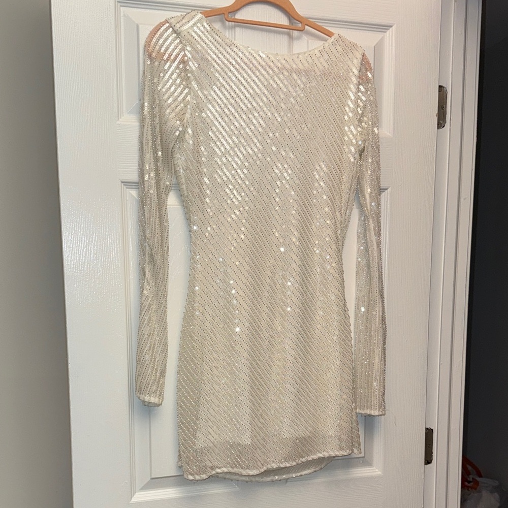 Meshki Ivory Sequin Backless Long Sleeve Mini Dress